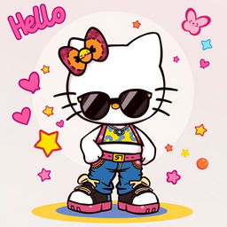 A playful illustration of a Hello Kitty character inspired by the fashion and style of the 2000s