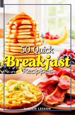 A vibrant and visually appealing cookbook cover showcasing the theme of '50 Quick Recipes for Breakfast'