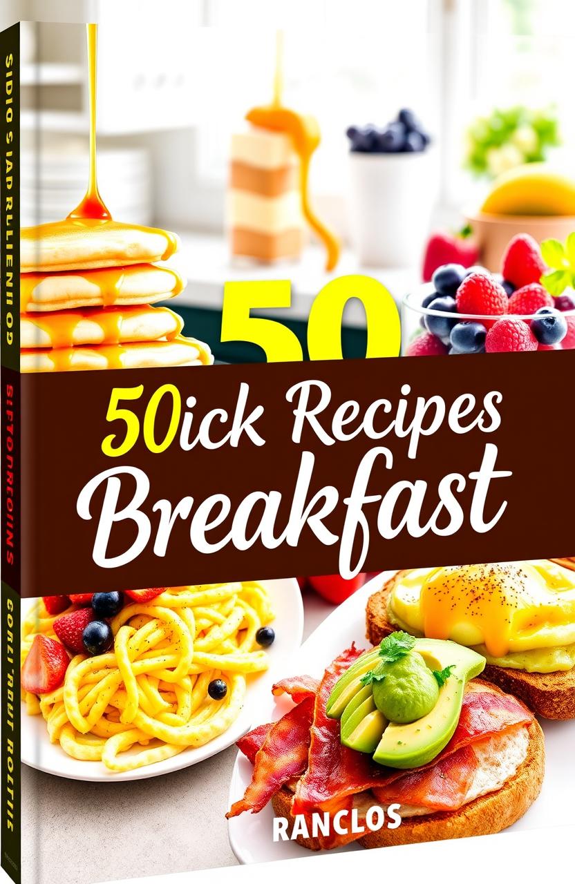 A vibrant and visually appealing cookbook cover showcasing the theme of '50 Quick Recipes for Breakfast'