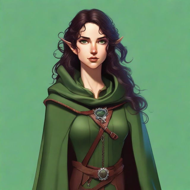 A high-quality digital art image of a tall, slim female half-elf with long, curly dark brown hair