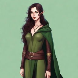 A high-quality digital art image of a tall, slim female half-elf with long, curly dark brown hair