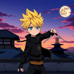 An anime boy with striking yellow hair styled in a spiky manner, wearing a sleek black ninja outfit with subtle gold accents