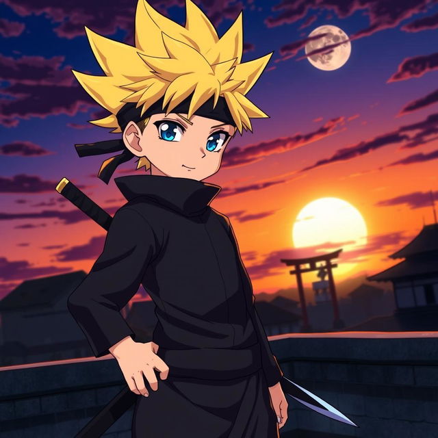 An anime boy with striking yellow hair styled in a spiky manner, wearing a sleek black ninja outfit with subtle gold accents