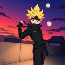 An anime boy with striking yellow hair styled in a spiky manner, wearing a sleek black ninja outfit with subtle gold accents