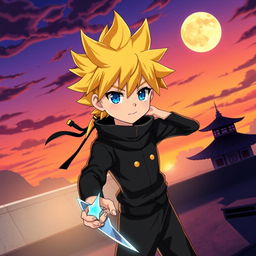 An anime boy with striking yellow hair styled in a spiky manner, wearing a sleek black ninja outfit with subtle gold accents