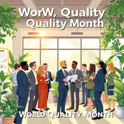 A vibrant illustration celebrating World Quality Month, featuring diverse professionals from various industries collaborating and exchanging ideas in a modern, open office space filled with greenery