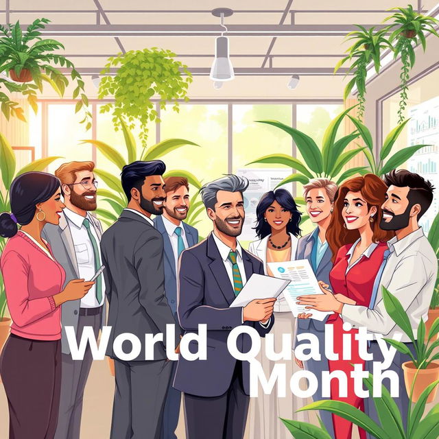 A vibrant illustration celebrating World Quality Month, featuring diverse professionals from various industries collaborating and exchanging ideas in a modern, open office space filled with greenery