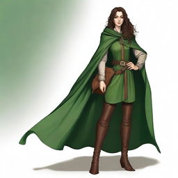 A high-quality digital art image of a tall, slim female half-elf with long, curly dark brown hair