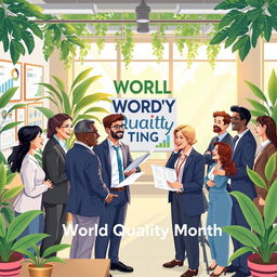 A vibrant illustration celebrating World Quality Month, featuring diverse professionals from various industries collaborating and exchanging ideas in a modern, open office space filled with greenery
