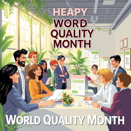 A vibrant illustration celebrating World Quality Month, featuring diverse professionals from various industries collaborating and exchanging ideas in a modern, open office space filled with greenery