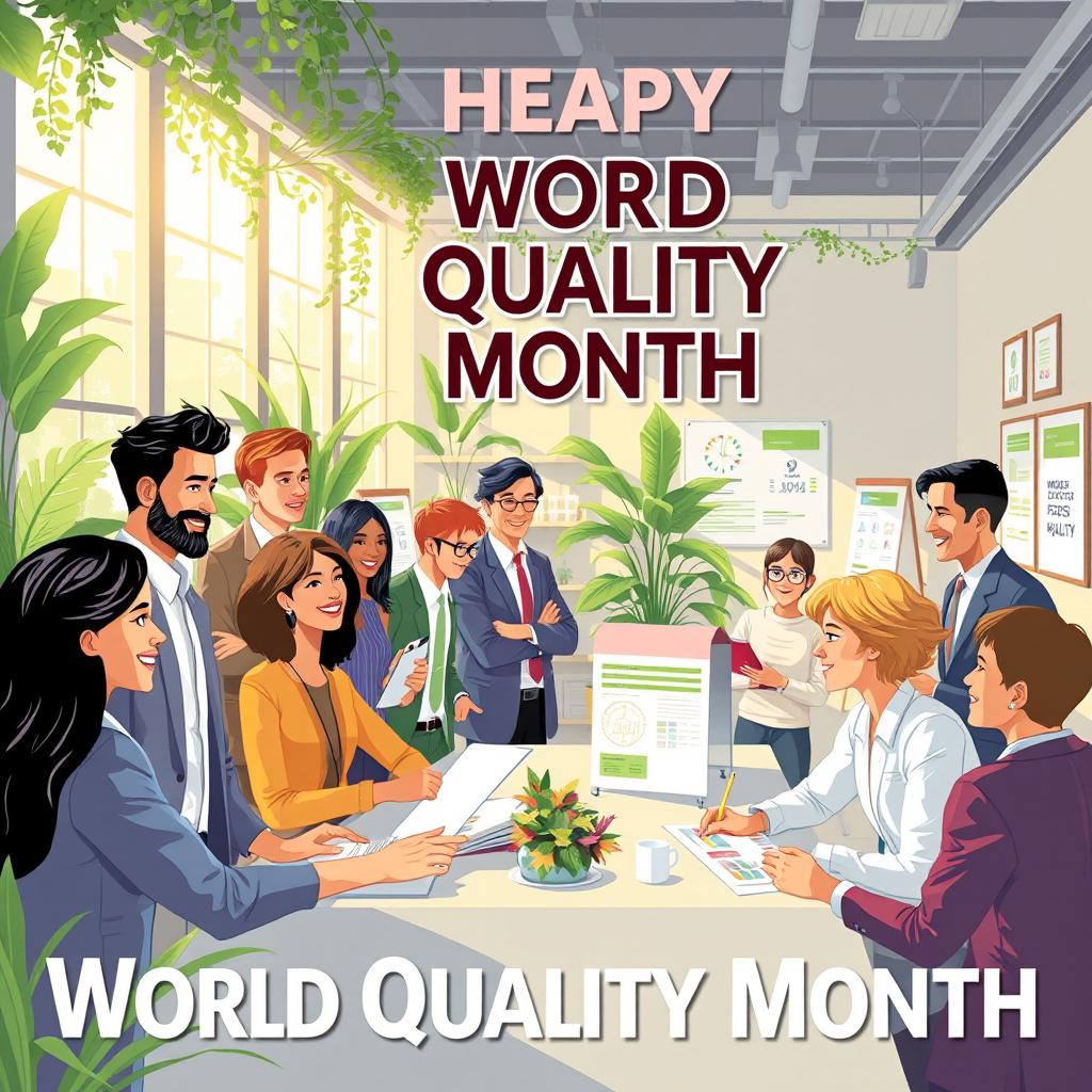 A vibrant illustration celebrating World Quality Month, featuring diverse professionals from various industries collaborating and exchanging ideas in a modern, open office space filled with greenery