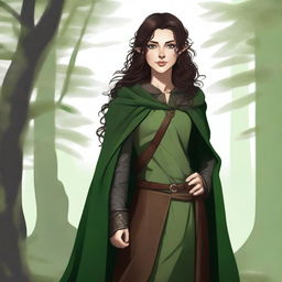 A high-quality digital art image of a tall, slim female half-elf with long, curly dark brown hair