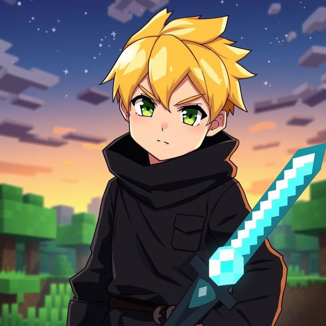 An anime-style Minecraft-inspired boy with bright yellow hair, styled in a blocky, pixelated manner