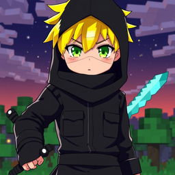 An anime-style Minecraft-inspired boy with bright yellow hair, styled in a blocky, pixelated manner