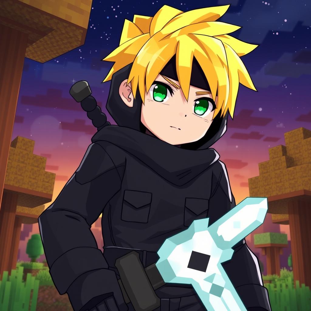 An anime-style Minecraft-inspired boy with bright yellow hair, styled in a blocky, pixelated manner