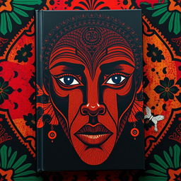 A striking and powerful book cover featuring a stylized black face, artfully rendered with intricate patterns and textures that celebrate African heritage