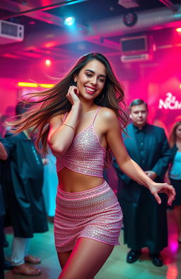 A vibrant and dynamic scene featuring a 25-year-old woman dancing energetically in a lively club, wearing a fashionable, sparkling outfit with neon lights illuminating the atmosphere