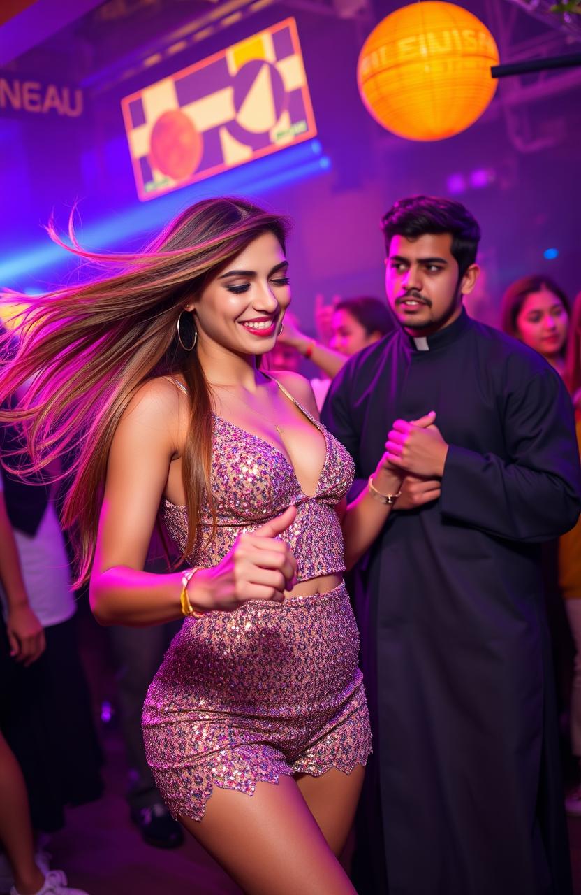 A vibrant and dynamic scene featuring a 25-year-old woman dancing energetically in a lively club, wearing a fashionable, sparkling outfit with neon lights illuminating the atmosphere