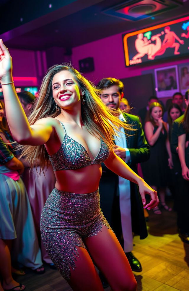 A vibrant and dynamic scene featuring a 25-year-old woman dancing energetically in a lively club, wearing a fashionable, sparkling outfit with neon lights illuminating the atmosphere