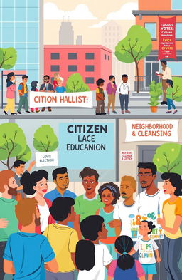 A vibrant illustration of various citizen participation mechanisms in an urban setting