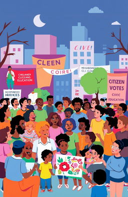 A vibrant illustration of various citizen participation mechanisms in an urban setting