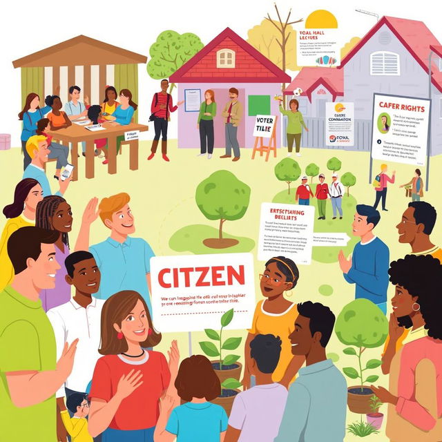 A vibrant illustration showcasing various mechanisms of citizen participation in a community context