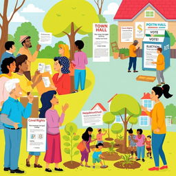 A vibrant illustration showcasing various mechanisms of citizen participation in a community context
