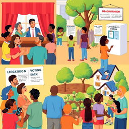 A vibrant illustration showcasing various mechanisms of citizen participation in a community context