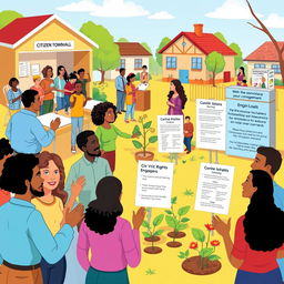 A vibrant illustration showcasing various mechanisms of citizen participation in a community context