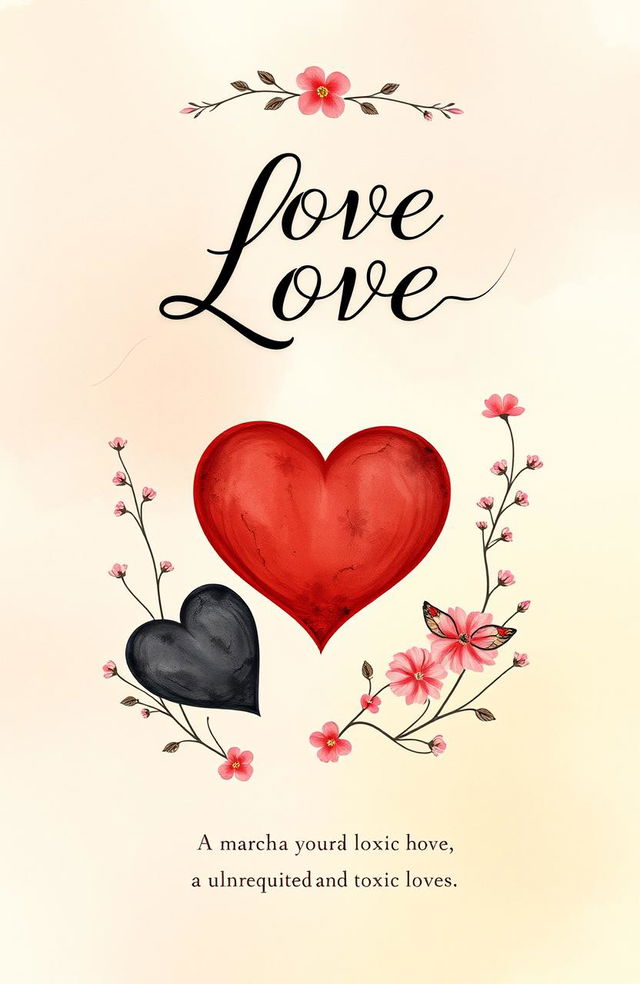 A book cover design featuring a poetic theme, with illustrations of intertwined hearts symbolizing love, alongside shadows representing unrequited and toxic loves