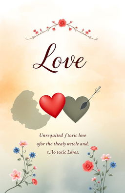 A book cover design featuring a poetic theme, with illustrations of intertwined hearts symbolizing love, alongside shadows representing unrequited and toxic loves