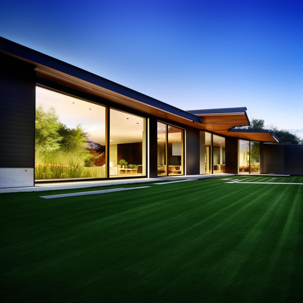 A modern home with sleek architecture, clean lines, and large windows. It should be surrounded by a lush green lawn.