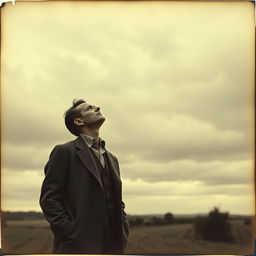 An old vintage photograph of a lonely man gazing up at a vast, dramatic sky, with a soft blend of clouds
