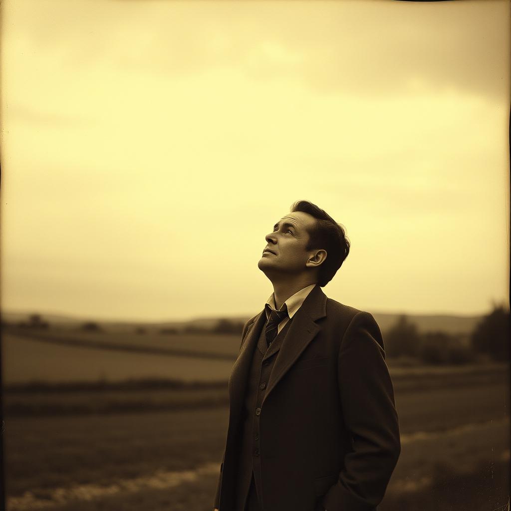 An old vintage photograph of a lonely man gazing up at a vast, dramatic sky, with a soft blend of clouds