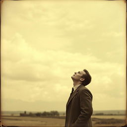 An old vintage photograph of a lonely man gazing up at a vast, dramatic sky, with a soft blend of clouds