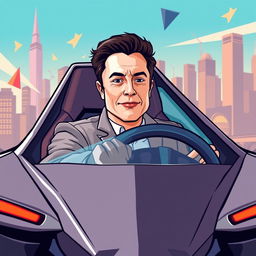 A stylized vector illustration of Elon Musk driving a Cybertruck