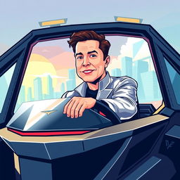A stylized vector illustration of Elon Musk driving a Cybertruck