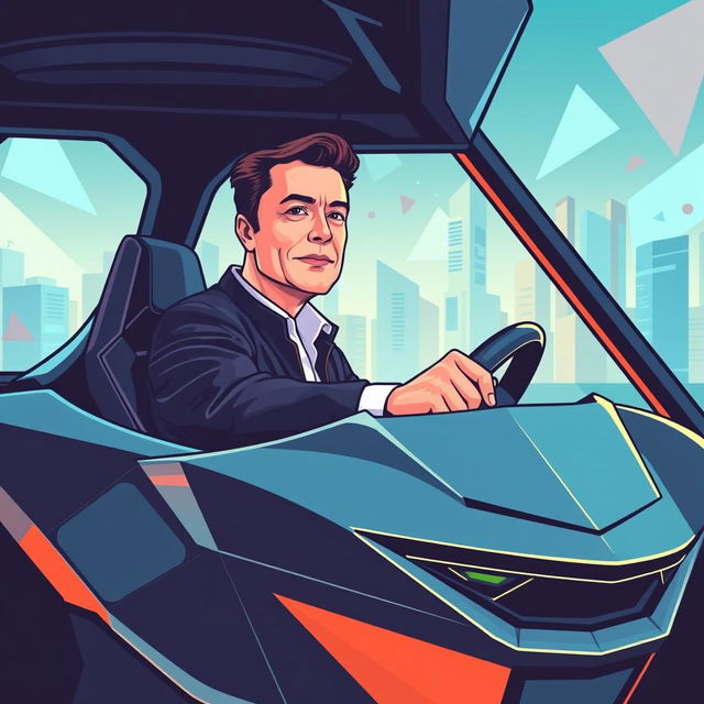 A stylized vector illustration of Elon Musk driving a Cybertruck