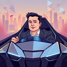 A stylized vector illustration of Elon Musk driving a Cybertruck