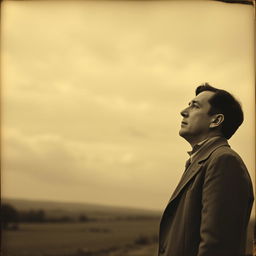 An old vintage photograph of a lonely man gazing up at a vast, dramatic sky, with a soft blend of clouds