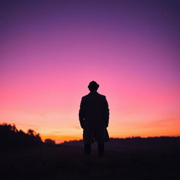A lone man seen from the back, standing on a grassy hill, gazing up at a twilight sky filled with vibrant hues of purple and orange