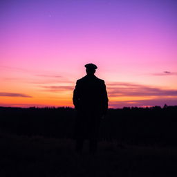 A lone man seen from the back, standing on a grassy hill, gazing up at a twilight sky filled with vibrant hues of purple and orange