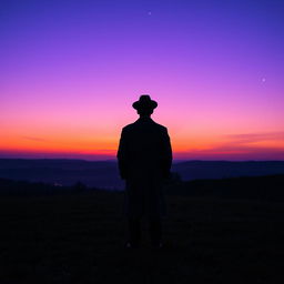 A lone man seen from the back, standing on a grassy hill, gazing up at a twilight sky filled with vibrant hues of purple and orange
