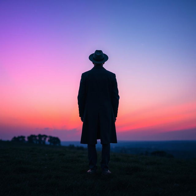 A lone man seen from the back, standing on a grassy hill, gazing up at a twilight sky filled with vibrant hues of purple and orange