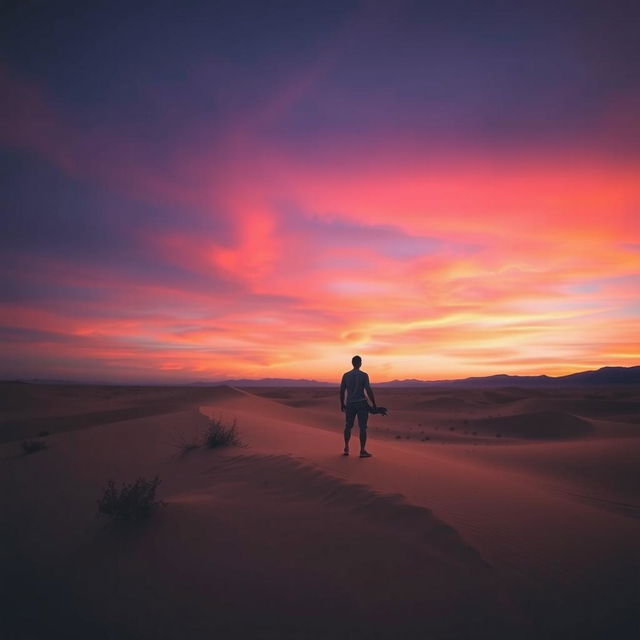 A lone man seen from a very far distance, standing on a sandy dune in a vast and lonely desert, gazing up at the expansive twilight sky filled with stunning shades of deep purple and burnt orange