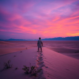 A lone man seen from a very far distance, standing on a sandy dune in a vast and lonely desert, gazing up at the expansive twilight sky filled with stunning shades of deep purple and burnt orange