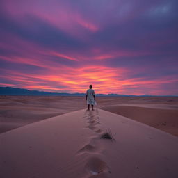 A lone man seen from a very far distance, standing on a sandy dune in a vast and lonely desert, gazing up at the expansive twilight sky filled with stunning shades of deep purple and burnt orange