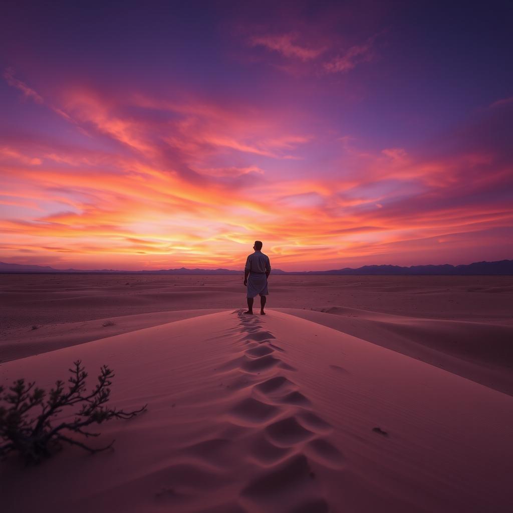 A lone man seen from a very far distance, standing on a sandy dune in a vast and lonely desert, gazing up at the expansive twilight sky filled with stunning shades of deep purple and burnt orange