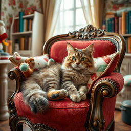 A whimsical, fussy cat with bright green eyes and fluffy fur lounging on an ornate vintage armchair, surrounded by colorful plush toys and intricately patterned cushions