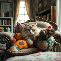 A whimsical, fussy cat with bright green eyes and fluffy fur lounging on an ornate vintage armchair, surrounded by colorful plush toys and intricately patterned cushions